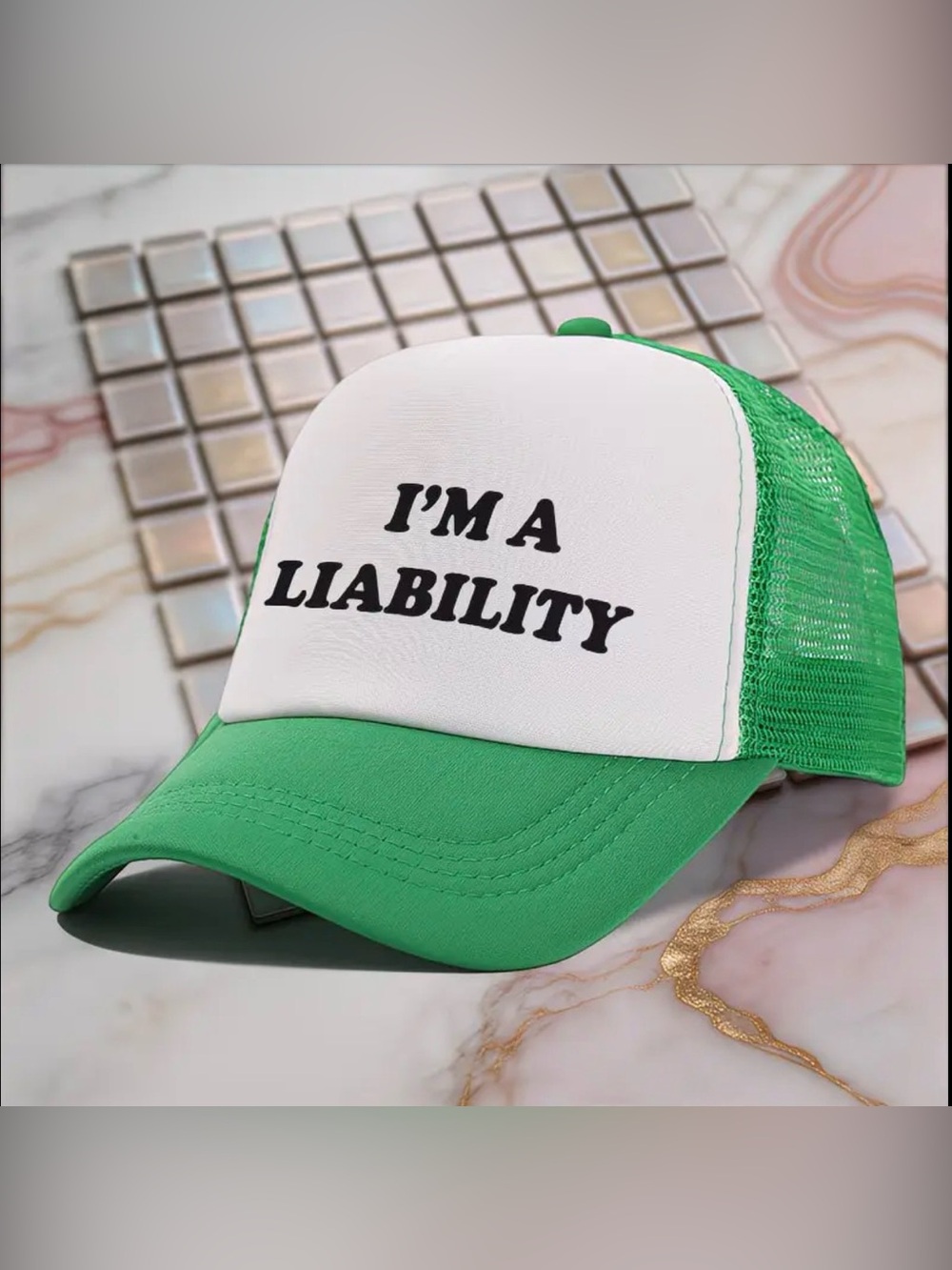 New - Green & White 'I'm A Liability' Trucker Hat